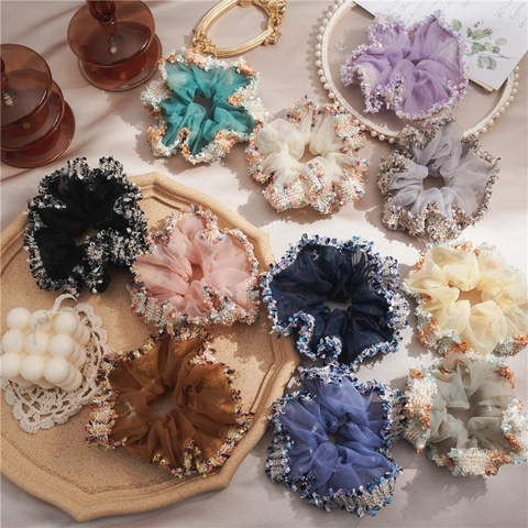 Koreanischer Stil Netz Scrunchie Für Damen Gewebte Spitze Haargummi Elastischer Pferdeschwanz Halter Vintage Haar Accessoires