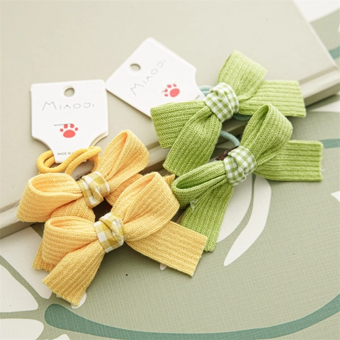 Children Girls Candy Color Ribbed Fabric Bow Hair Ties Sweet Checkered Elastic Scrunchies Handmade Hair Styling Accessories