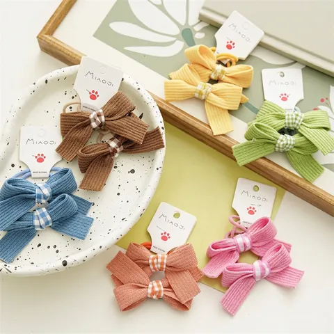 Children Girls Candy Color Ribbed Fabric Bow Hair Ties Sweet Checkered Elastic Scrunchies Handmade Hair Styling Accessories