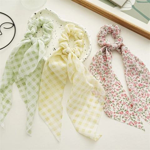 Sweet Chiffon Floral Gingham Scrunchies With Long Ribbon Hair Ties Pastoral Style Fabric Hair Accessories For Women Girls