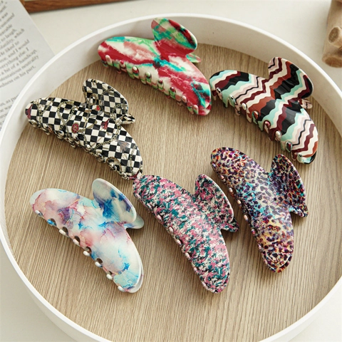 Large Acetate Hair Claw Clips Elegant Retro Checkerboard Leopard Pattern Shark Clips For Women Daily Hair Styling Accessories