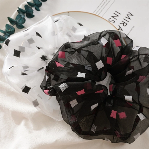 Large Organza Hair Scrunchies For Women Geometric Square Print Mesh Hair Ties Elastic Ponytail Holder Fashion Hair Accessories