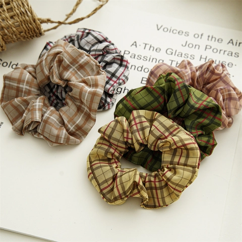 French Style Plaid Gauze Scrunchies Handmade Vintage Checkered Fabric Hair Ties Elastic Hair Bands For Women Girls Fashion Hair Accessories