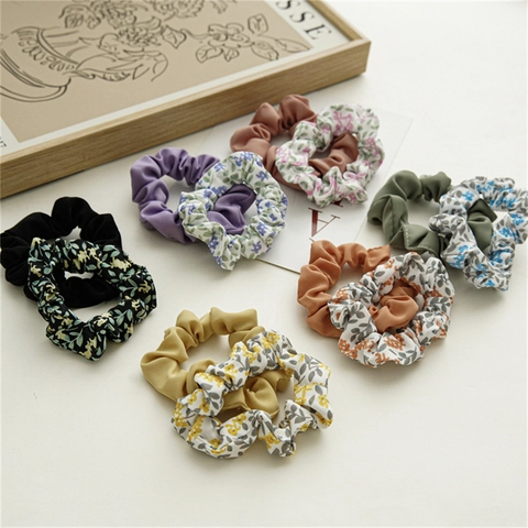 Solid And Floral Fabric Scrunchies Set Elastic Hair Ties Soft Pleated Hair Bands Sweet Hair Accessories For Women Girls