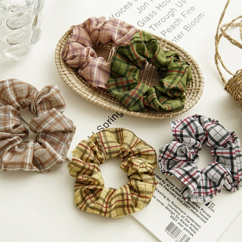 French Style Plaid Gauze Scrunchies Handmade Vintage Checkered Fabric Hair Ties Elastic Hair Bands For Women Girls Fashion Hair Accessories