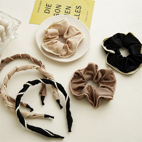 Elegant Satin Scrunchie And Twisted Headband Korean Style Solid Color Hair Accessories For Women Daily Decoration Hair Ties