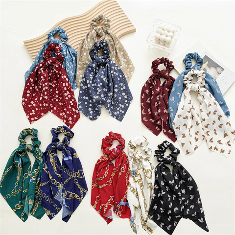 Women Vintage Scarf Scrunchies Hair Ties Ribbon Printed Bowknot Elastic Hair Bands For Ponytail Holder Fashion Hair Accessories