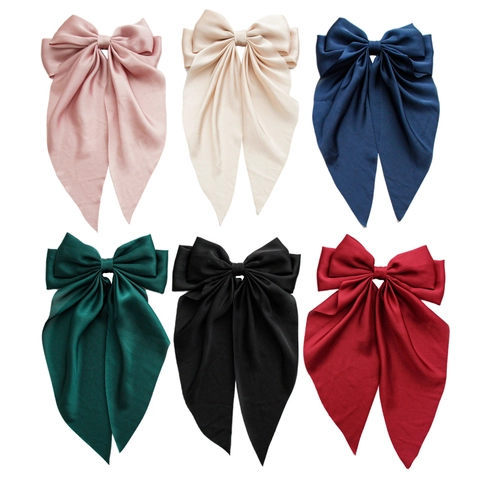 Barrette à Cheveux Grand Nœud en Satin Style Hepburn Français Élégant Ruban de Soie Pince à Ressort pour Femme Vintage