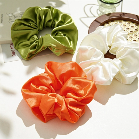 French Satin Hair Scrunchies Silk Look Solid Color Pleated Elastic Hair Ties Elegant Hair Accessories For Women Girls