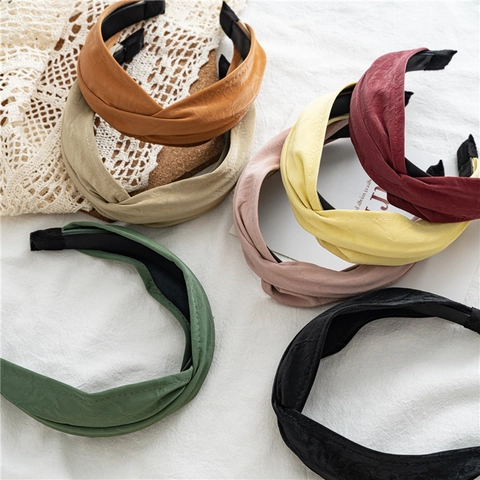 Vintage Solid Color Cloth Twisted Cross Wide Headband For Women Korean Style Crinkled Texture Hair Hoop Daily Fashion Accessories
