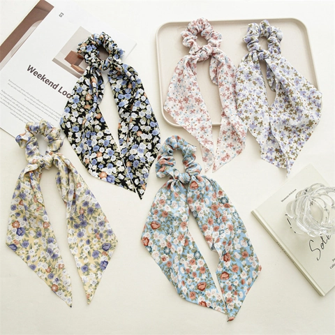 Floral Streamer Scrunchie For Women Elastic Hair Tie Ribbon Bow Ponytail Holder Chiffon Scarf Hair Band Fashion Accessories