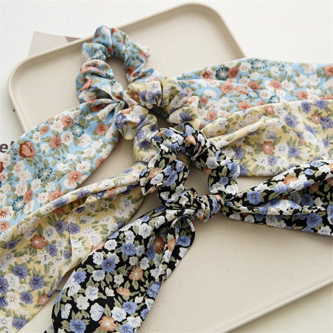 Floral Streamer Scrunchie For Women Elastic Hair Tie Ribbon Bow Ponytail Holder Chiffon Scarf Hair Band Fashion Accessories