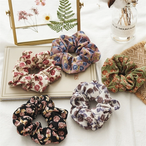 Summer Rose Floral Fabric Scrunchies Vintage Sweet Large Hair Ties For Women Printed Elastic Ponytail Holder Hair Accessories