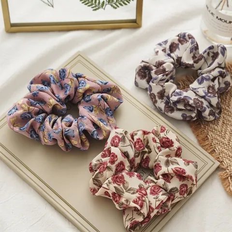 Summer Rose Floral Fabric Scrunchies Vintage Sweet Large Hair Ties For Women Printed Elastic Ponytail Holder Hair Accessories