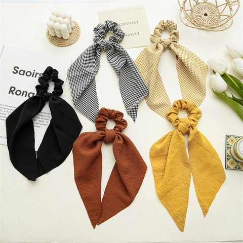 Geruit Bedrukt Scrunchie Met Lang Lint Strik Polyester Haarelastiekje Paardenstaart Houder Mode Hoofddeksel Voor Dames