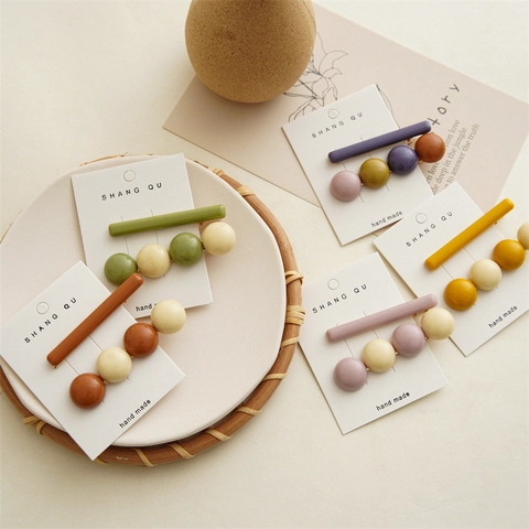 Elegante Juego de Pinzas para el Cabello de Cuentas de Resina Acrílica para Mujer Juego de Clips Laterales Color Morandi Hecho a Mano