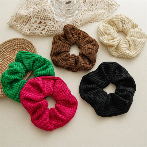 Large Knitted Scrunchie Soft Woolen Yarn Hair Tie For Women Solid Color Elastic Hair Band Handmade Styling Accessory