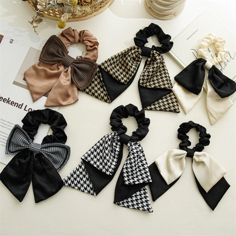Elastico Per Capelli Vintage Fiocco Pied-de-Poule Raso Tessuto Grande Anello Per Capelli Con Nastri Lunghi Accessori Donna