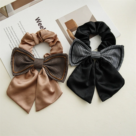 Elastico Per Capelli Vintage Fiocco Pied-de-Poule Raso Tessuto Grande Anello Per Capelli Con Nastri Lunghi Accessori Donna