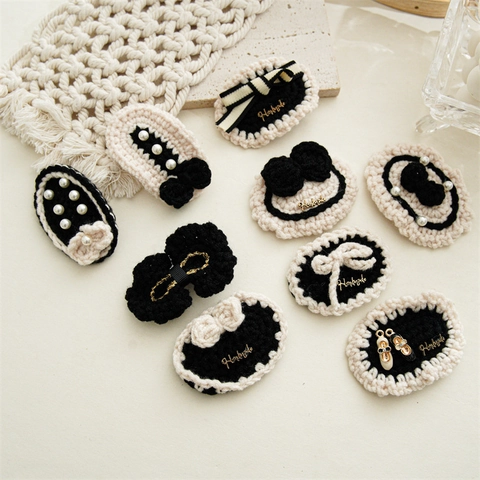 Handmade Yarn Crochet Bow Hair Clips For Women Elegant Chanel Style Artificial Pearl Black Beige Knit BB Clips Hairpins