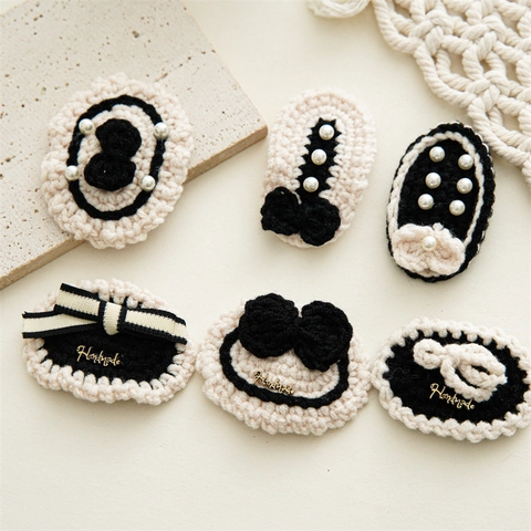 Handmade Yarn Crochet Bow Hair Clips For Women Elegant Chanel Style Artificial Pearl Black Beige Knit BB Clips Hairpins