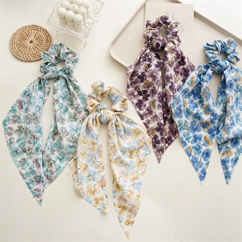 Elegante Elastico per Capelli con Stampa Floreale e Nastro Lungo per Donna in Tessuto Supporto per Coda di Cavallo