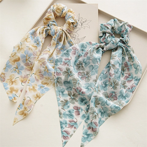 Elegante Elastico per Capelli con Stampa Floreale e Nastro Lungo per Donna in Tessuto Supporto per Coda di Cavallo