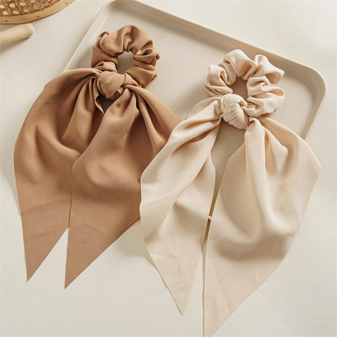 Coletero de Nailon Elegante Con Cinta Larga para Mujer Retro Color Sólido Lazo para Coleta Accesorios de Moda