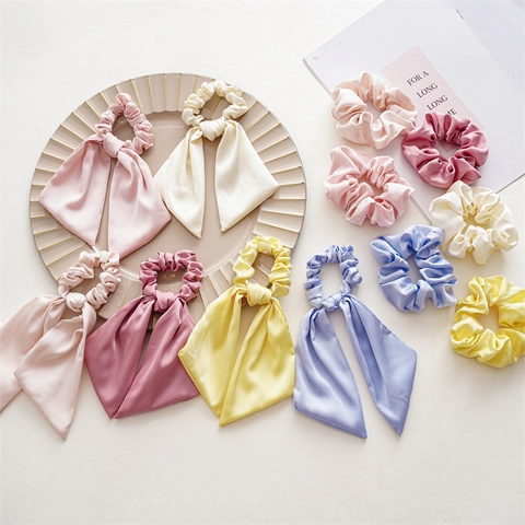 Elegant Satin Hair Scrunchies With Bow Knot Solid Color Fabric Elastic Hair Ties Fashion Ponytail Holder For Women Girls