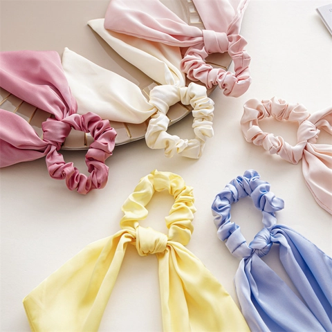 Elegant Satin Hair Scrunchies With Bow Knot Solid Color Fabric Elastic Hair Ties Fashion Ponytail Holder For Women Girls