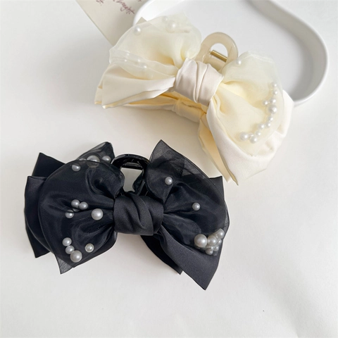 Elegante Fiocco Grande Pinza per Capelli Con Perla Artificiale Organza Satin Tessuto a Strati Shark Clip per Donna Ragazze Accessori Capelli