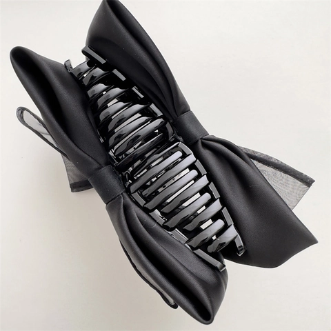 Grande Fiocco Nero Pinza per Capelli Raso Rete a Strati Elegante Stile Francese Molla Accessori per Capelli da Donna