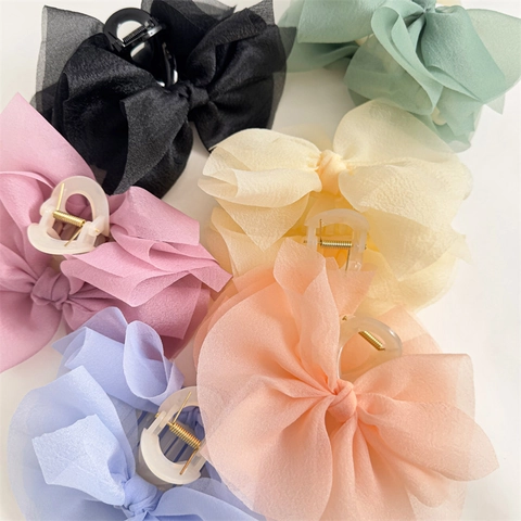 Elegant Large Chiffon Bow Hair Claw Clip Sweet Handmade Fabric Hair Clamp Morandi Colors Hair Accessories For Women Girls