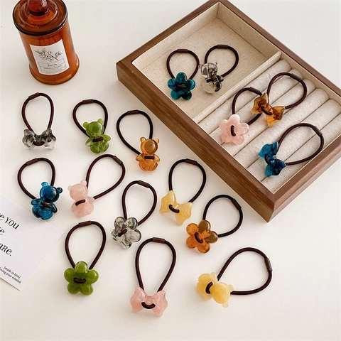 Sweet Acrylic Hair Ties Cartoon Bear Flower Bow Shape Elastic Hair Bands For Women Girls Jelly Color Korean Hair Accessories