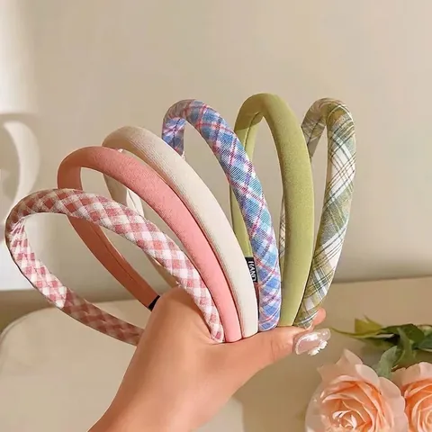 Diadema de Tela a Cuadros Dulce Con Esponja Acolchada para Mujer Niñas Color Sólido Gingham Diademas para el Pelo Moda Diaria