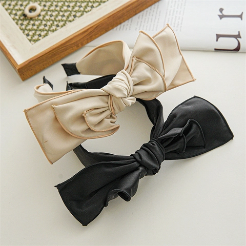 Elegant Satin Big Bow Headband For Women French Vintage Large Fabric Headband Solid Color Wide Headband Hair Accessories