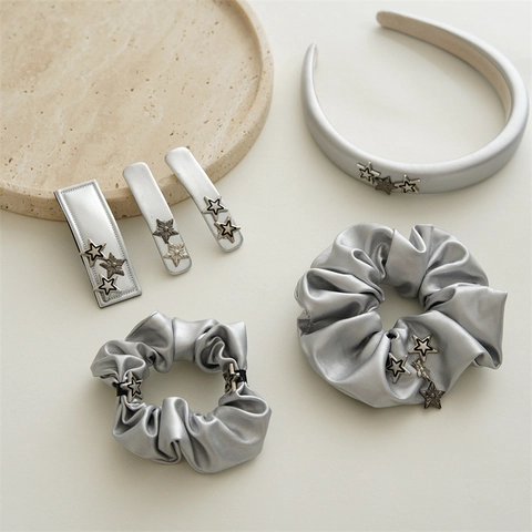 Vintage Silver Metallic Faux Leather Star Hair Accessories Set For Women Sweet Star Headband Scrunchies Hair Clips Party Gift