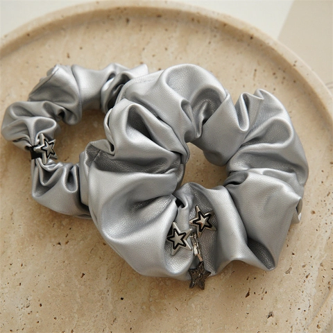 Vintage Silver Metallic Faux Leather Star Hair Accessories Set For Women Sweet Star Headband Scrunchies Hair Clips Party Gift