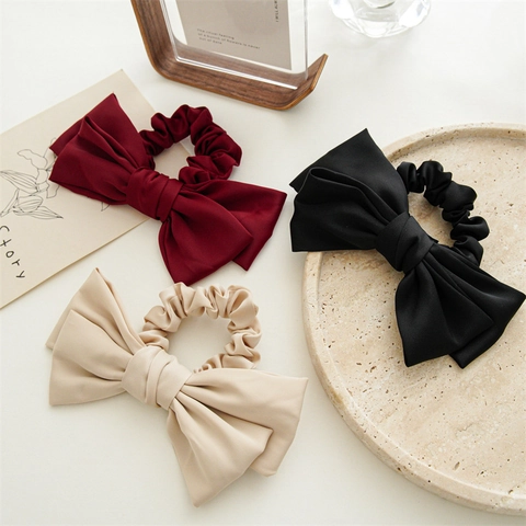 Large Satin Double Layer Bow Scrunchie Elegant Solid Color Hair Ties For Women Girls Fashion Hair Accessories