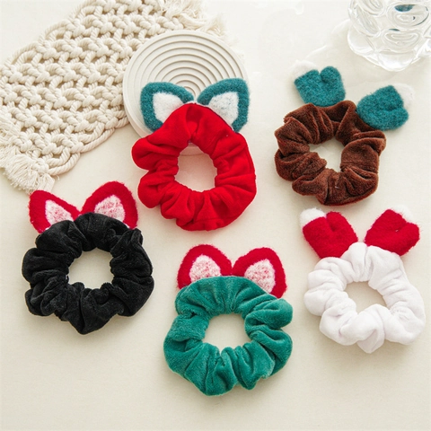 Women Cute Plush Fabric Animal Ear Scrunchie Reindeer Antler High Elastic Handmade Hair Ring Christmas Festival Hair Accessories