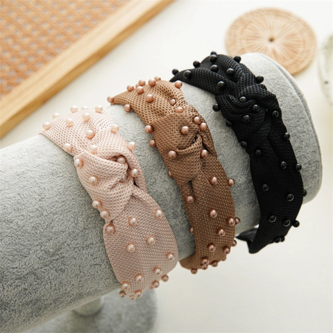 Cerchietto Largo a Nodo in Rete con Perle Artificiali Elegante Accessorio per Capelli in Tessuto Retro per Feste e Quotidiano