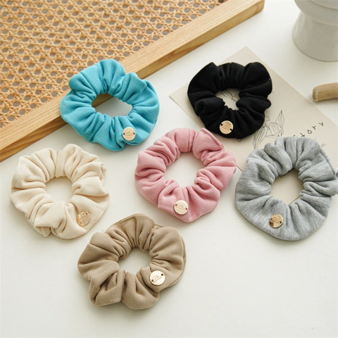 Coleteros de Punto Acanalado Estilo Coreano Con Decoración de Metal Etiqueta Dorada Gomas de Pelo Elásticas Color Sólido Mujer Niñas
