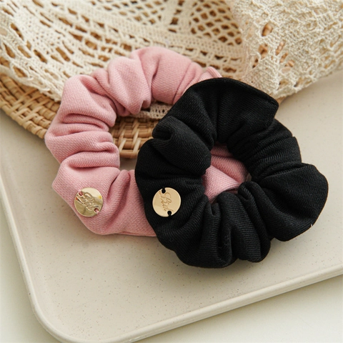 Coleteros de Punto Acanalado Estilo Coreano Con Decoración de Metal Etiqueta Dorada Gomas de Pelo Elásticas Color Sólido Mujer Niñas