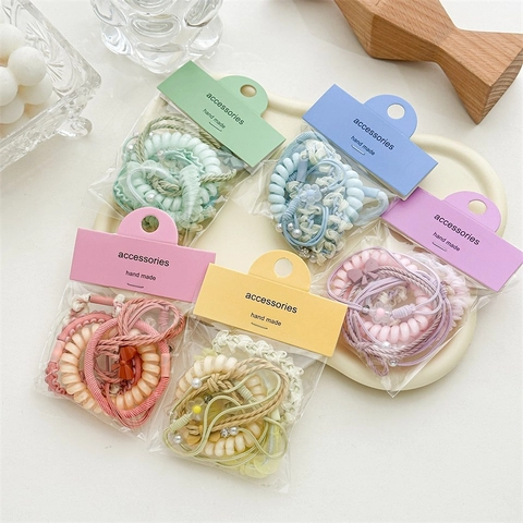Gomas de Pelo Elásticas de Color Caramelo Cable de Teléfono Diademas Trenzadas Perla Artificial Lazo Accesorios de Pelo para Mujer Niñas