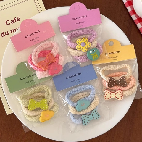High Elastic Hair Ties Cartoon Resin Flower Bow Decor Cute Sweet Macaron Color Hair Accessories Girls Fabric Scrunchie