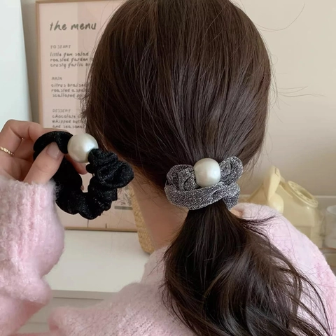 Künstliche Perle Haar Scrunchies Glänzend Metallic Elastisch Haargummis Elegant Vintage Pferdeschwanz Halter Für Damen Mode
