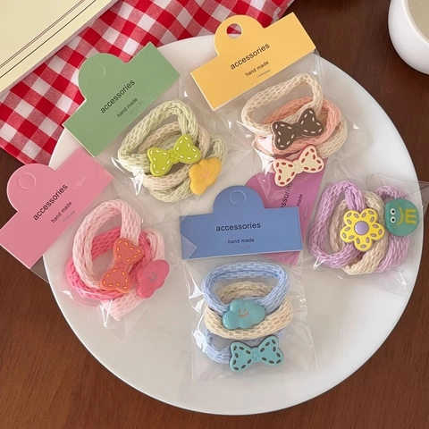 High Elastic Hair Ties Cartoon Resin Flower Bow Decor Cute Sweet Macaron Color Hair Accessories Girls Fabric Scrunchie