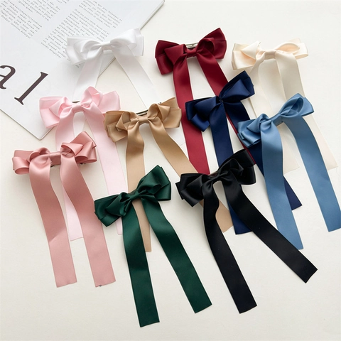 Damen Eleganter Schleifen Haarclip Mit Langen Bändern Mehrlagiger Satin Stoff Federclip Handgefertigter Haarschmuck
