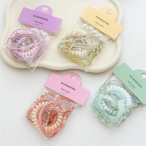 Gomas de Pelo Elásticas de Color Caramelo Cable de Teléfono Diademas Trenzadas Perla Artificial Lazo Accesorios de Pelo para Mujer Niñas