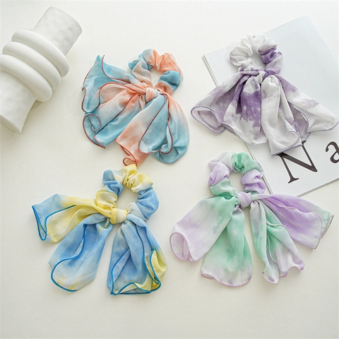 Batik Chiffon Haargummi Mit Langer Schleife Verlauf Elastisches Haarband Weiches Stoff Ponytail Halter Damen Haarschmuck